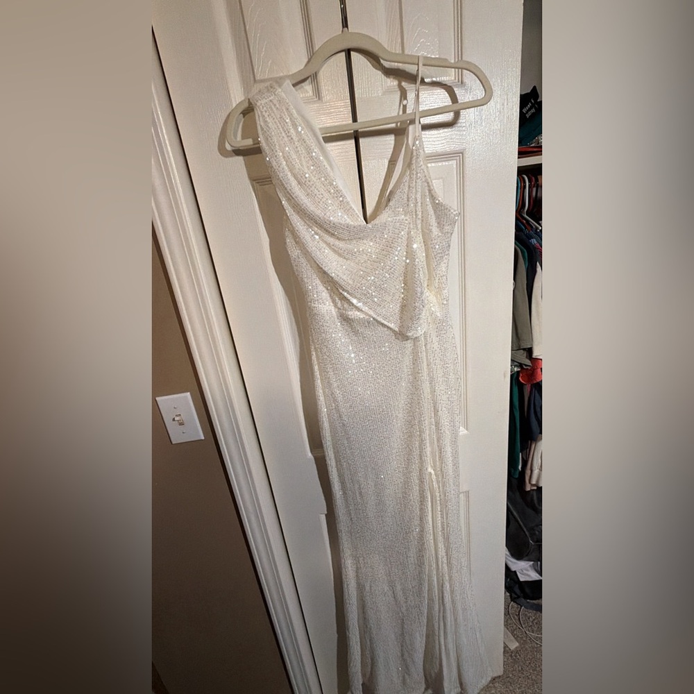 One-Shoulder Ivory Sequin Evening Dress